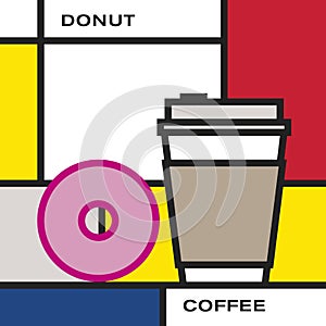 Pink glazed donut with disposable cup coffee. Modern style art with rectangular colour blocks.