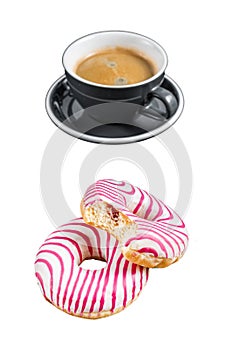 Pink glazed donuts with cup of coffee, Doughnut. Isolated on white background, top view.