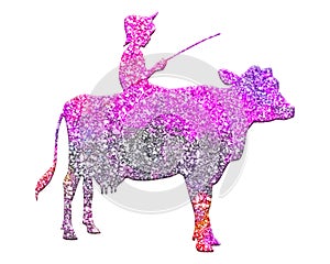 Pink glitter farmer boy riding on a cow isolated on white background