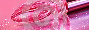 Pink glitter lipstick with sparkling effect on pink background, concept banner. Panoramic web header. Wide screen