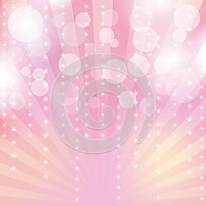 Pink glitter sparkles rays lights bokeh and star festive abstract background