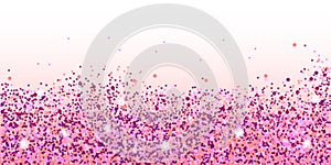 Pink glitter texture and white glowing lights effect with confetti. Vector star sparks isolated transparent background.