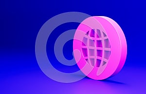 Pink Global technology or social network icon isolated on blue background. Minimalism concept. 3D render illustration