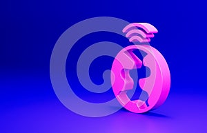 Pink Global technology or social network icon isolated on blue background. Minimalism concept. 3D render illustration