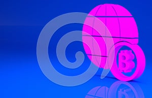 Pink Globe and cryptocurrency coin Bitcoin icon isolated on blue background. Physical bit coin. Blockchain based secure