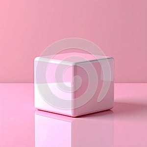Pink Glossy Cube on Pink Reflective Surface