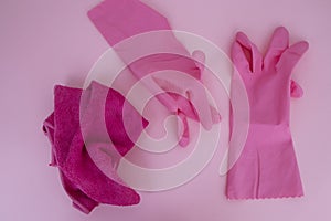 Pink gloves, cleaning, pink background, pink