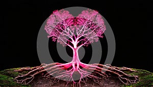 Pink glowing heart-shaped tree with big roots. Love, Valentine\'s Day, romantic