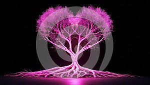Pink glowing heart-shaped tree with big roots. Love, Valentine\'s Day, romantic