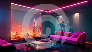 Pink glowing square sofa in cyberpunk clubhouse. Wallpaper. AI created a digital art illustration