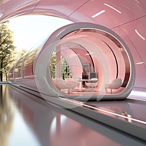 pink glowing tunnel fantasy space with smooth metal walls and seating areas