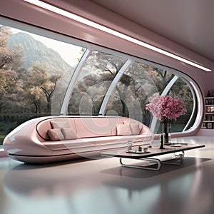 pink glowing tunnel fantasy space with smooth metal walls and seating areas