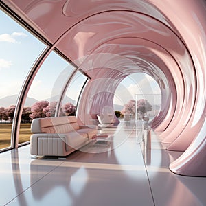 pink glowing tunnel fantasy space with smooth metal walls and seating areas