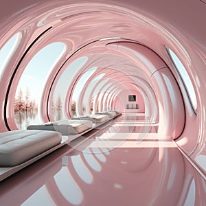 pink glowing tunnel fantasy space with smooth metal walls and seating areas