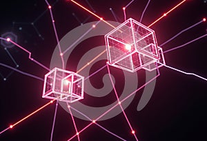 Pink glowing wireframe cubes connected by lines float in space