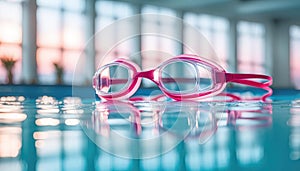 Pink goggles and large swimming pool with copy space