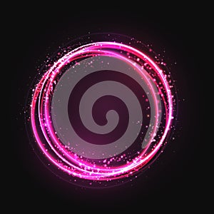 Pink gold Circle light effect with round glowing elements, particles and stars on dark background. Shiny glamour design