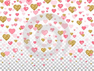 Pink and gold glitter heart confetti on transparent background. Bright falling heart with star dust. Romantic design elements for