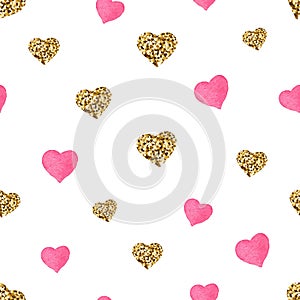 Pink and gold glitter hearts seamless pattern. Cute Valentines Day background. Golden hearts with sparkles and star dust