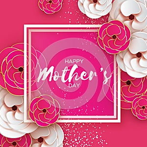 Pink Gold Happy Mothers Day Greeting card. Women`s Day. Paper cut flower. Origami Beautiful bouquet. Square frame. text.