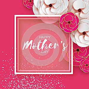 Pink Gold Happy Mothers Day Greeting card. Women`s Day. Paper cut flower. Origami Beautiful bouquet. Square frame. text.