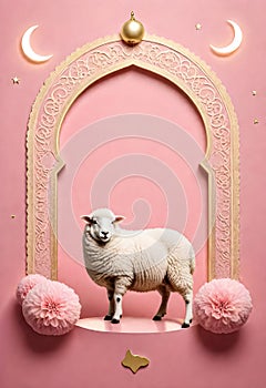 a pink and gold islamic archway with a sheep and flowers on it