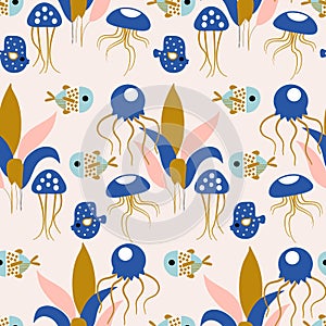 Pink and golde jellyfish, with colotful fishes in a seamless pattern design