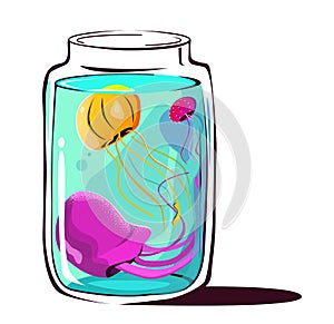 Pink and golden jellyfish float in a glass jar. vector illustration isolated on white background