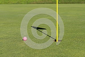 Pink golf ball by flag and hole on putting green