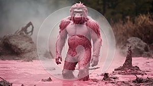 Pink Gorilla In The Mud A Raw And Smokey Monochromatic Matte Painting photo
