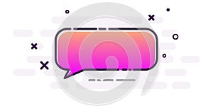 Pink gradient speech bubble on white background.