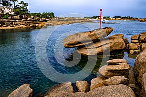 Pink Granit Boulders At The Atlantic Coast Of Ploumanach In Brittany, France