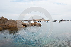 Pink granit coast Beautiful seascape with rocks and clear water