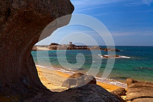 Pink granit rocks on a beach in brittany