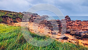 The pink granite coast view, granit rocks in Tregastel (Perros-Guirec), Brittany (Bretagne), France