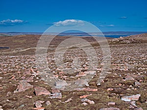 Pink granite debris near the neolithic axe factory in the Beorgs of Uyea, Northmavine, Shetland, UK.