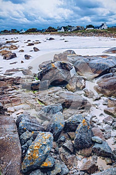 The pink granite rocks with strange shapes, coast in Brittany. T