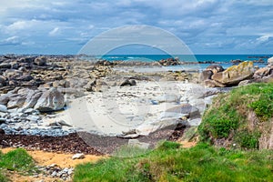 The pink granite rocks with strange shapes, coast in Brittany. T