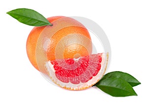 Pink grapefruit and slices isolated on white background. Fresh grapefruit with green leaves.