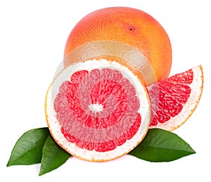 Pink grapefruit and slices isolated on white background. Fresh grapefruit with green leaves.