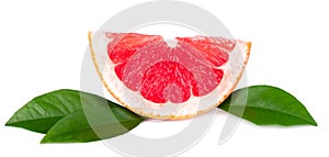 Pink grapefruit slices isolated on white background. Fresh grapefruit with green leaves.