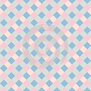 Pink Gray Peach Blue Seamless Diagonal French Checkered Pattern. Inclined Colorful Fabric Check Pattern Background. 45 degrees