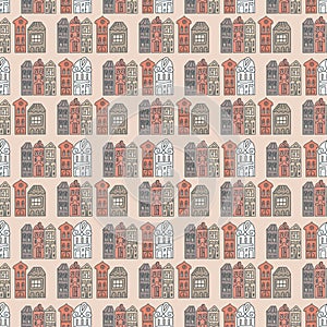 Pink gray stylish house on black background seamless pattern, cute simple hand drawn