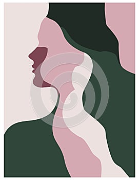 Pink and green abstract drawing of female face, minimalist painting, abstract illusionism