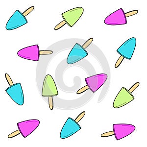 Pink Green Blue Ice Cream frozen fruit stick background texture. Summer dessert vector illustration. Hand drawn tasty art logo