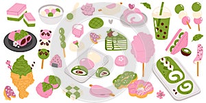 Pink green colored in one style cute doodle asian food