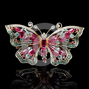 Pink And Green Crystal Butterfly Broochlet With Diamonds In 18k Pink Gold