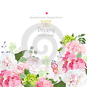 Pink and green hydrangea, rose, white peony, orchid, carnation vector design card.