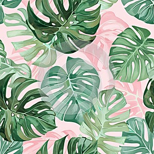 Pink and Green Leaves Converge in a Vibrant Pattern Against a Serene White Background photo