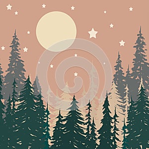 Pink and green pine trees in midnight with  moon and star
